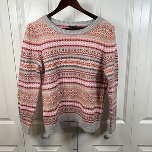 Talbots Sweater Women L Fair Isle Multicolor Knit Gray Pink Orange Winter